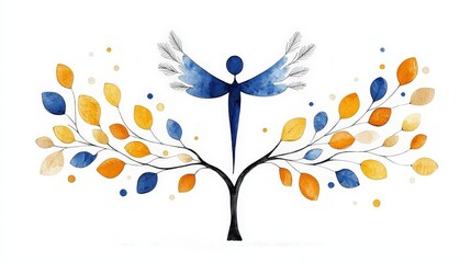 Abstract watercolor illustration of a tree with a figure and vibrant autumn leaves and circles