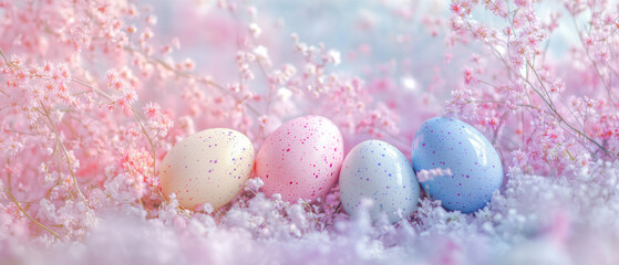 Fototapeta premium Colorful Easter eggs in bright delicate pastel colors surrounded by spring flowers. Pastel background. High realism. 