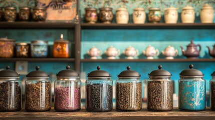 A tea shop with jars of loose-leaf teas and teapots arranged decoratively. pic