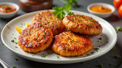 Crispy kotlet schabowy on plate with vibrant sauces, culinary delight