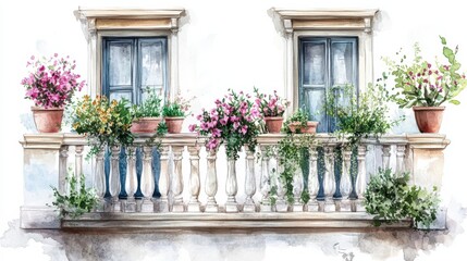 Charming balcony with colorful flowers and greenery in mediterranean setting