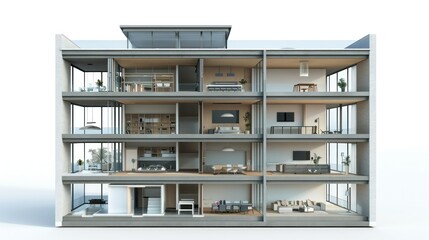 Cross-section of a building showing the floors and structure inside.