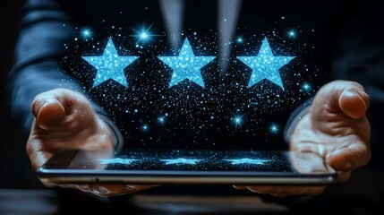 Businessperson holding tablet showing three glowing stars; dark background