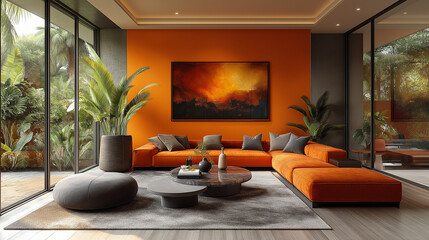 Modern Luxury Living Room with Bold Orange Accents and Natural Light