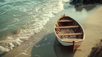 Obraz premium Fishermanâ€™s boat docked on the shore with gentle waves washing up.