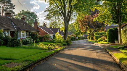 Obraz premium A quiet footpath in a residential neighborhood with cottages.