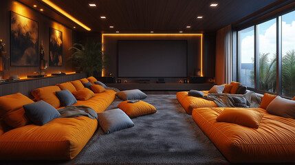 Luxury Home Theater with Cozy Seating and Ambient Lighting