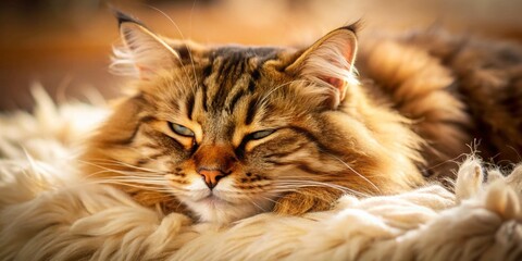 Fluffy Siberian Cat Napping Peacefully at Home - Adorable Pet Stock Photo
