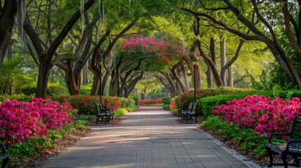 A peaceful avenue in a park with benches and flowers.