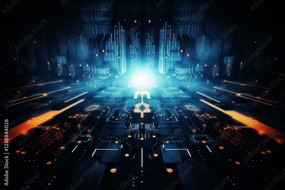 Poster complex circuit board illuminated by intense light beams, symbolizing rapid data transmission and ad
