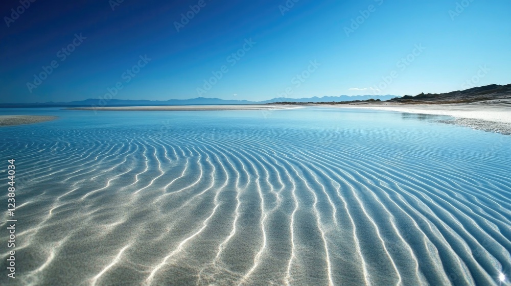 Poster close-up of smooth water ripples creating mesmerizing line patterns under clear blue skies.