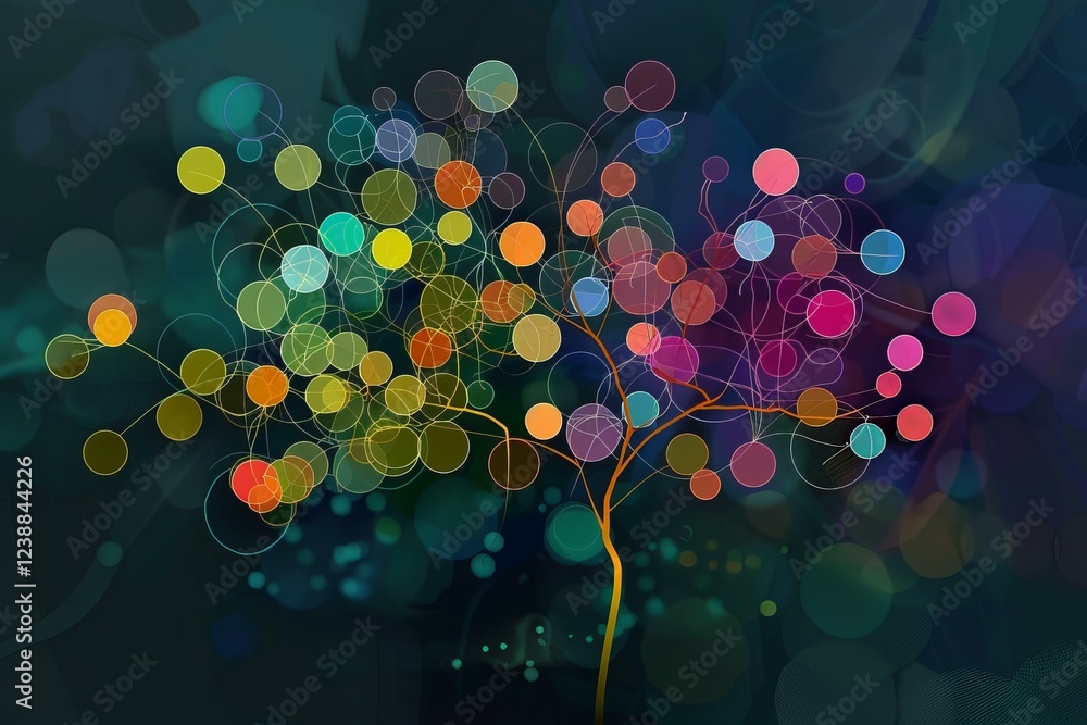 Poster Abstract tree with colorful circles connected by lines representing data flow and information exchange