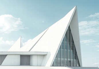 A white building with a triangular roof and a large glass window