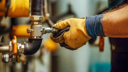 Professional Plumber Adjusting Brass and Steel Pipes – Ultra-Realistic Industrial Photography