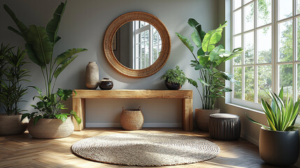 Serene Bohemian Entryway with Natural Light and Greenery