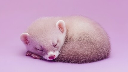 Obraz premium A tiny ferret curled up on a soft lavender background, full-body, high-definition. pic