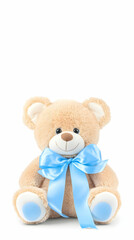 Adorable plush teddy bear with blue bow, isolated on white background; perfect for baby shower announcements
