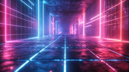 Futuristic neon corridor with blue and pink light effects in a sci-fi setting
