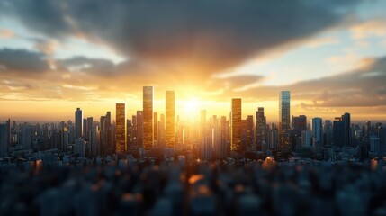 Fototapeta premium Breathtaking futuristic cityscape with towering glimmering skyscrapers set against a vibrant dramatic sunset sky