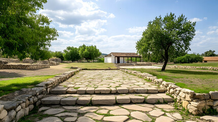Ancient stone path leads to a white building at archaeological site, sunny day
