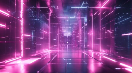 Obraz premium Futuristic neon corridor with vibrant pink lighting and digital patterns