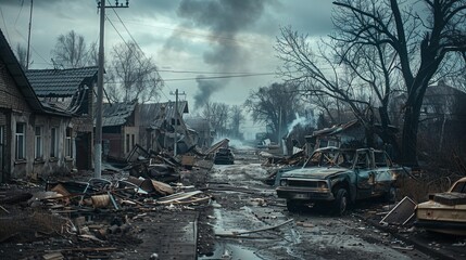 Desolate ukrainian town  ruined buildings, abandoned cars, and smoke amidst the aftermath of war