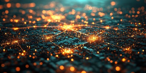 peak energy demand concept. Abstract digital network with glowing nodes and connections.