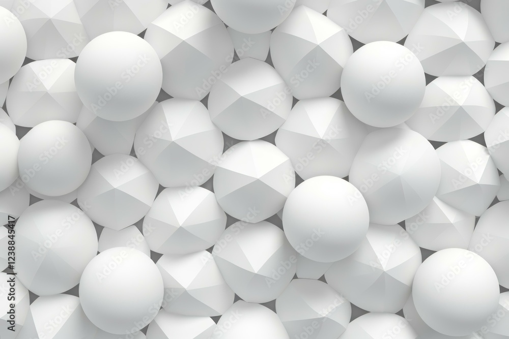Poster abstract background featuring white spheres and polyhedrons creating a seamless pattern, ideal for m