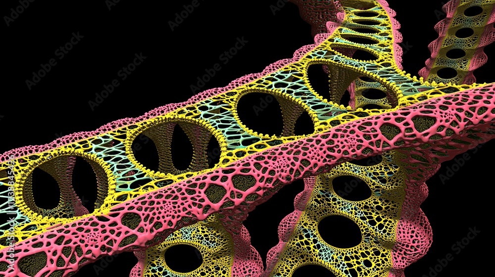Poster intricate digital landscapes representing molecular structures and patterns