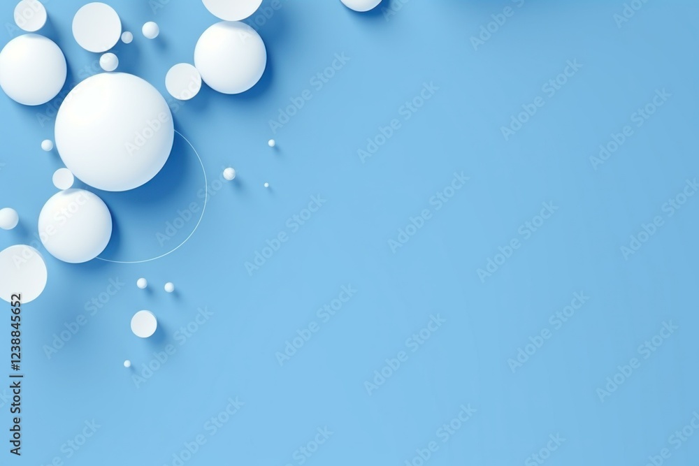 Poster minimalist abstract composition featuring white spheres of varying sizes on a light blue backdrop, c