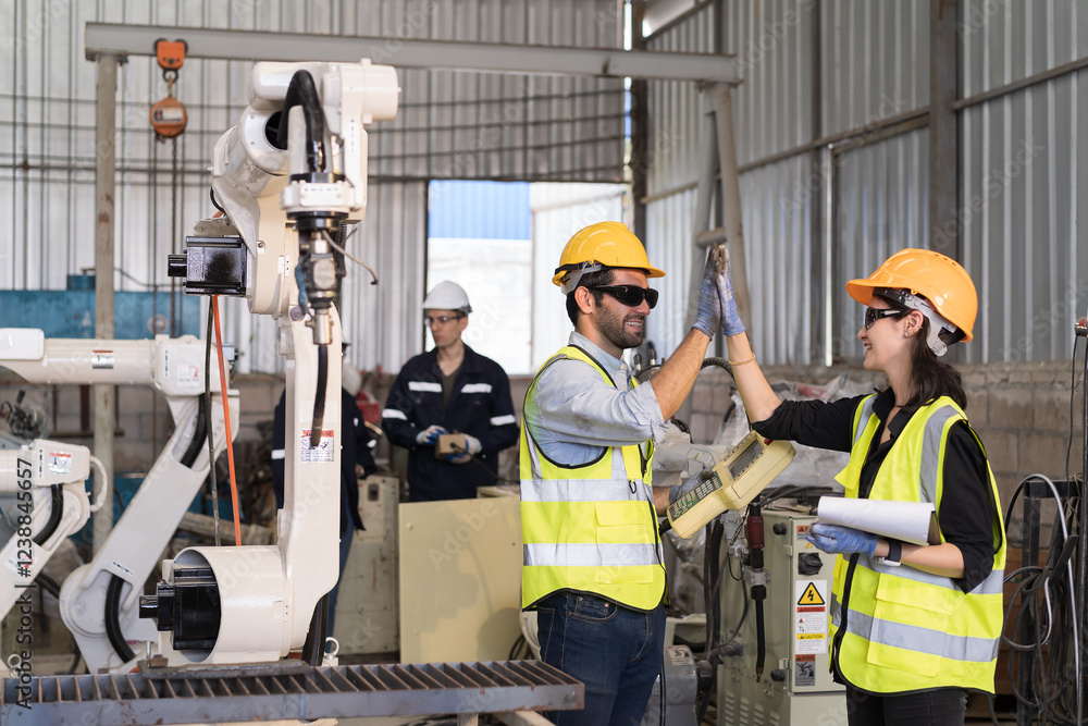 Fototapete team of professional man and woman engineer working and control automatics robotic arm welding in in