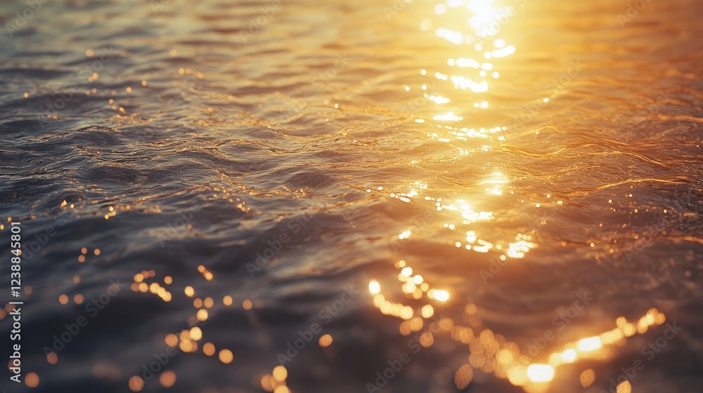 Poster ripple lines on a clear, smooth water surface with sparkling highlights from sunlight, creating a so