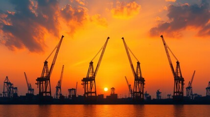 Dramatic sunset sky over a bustling industrial harbor with the silhouetted shapes of large cargo cranes dominating the landscape