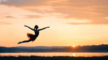 Ballerina leaps at sunset, lakeside silhouette, peaceful evening, artistic freedom, stock photo