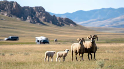 Fototapeta premium Bighorn sheep family in grassland, rocky mountains background, campers distant