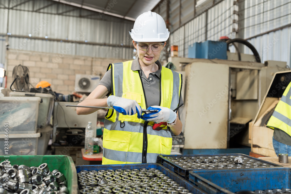 Poster professional woman engineer inspecting of parts of cnc machine in industry factory. woman worker che