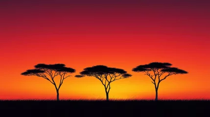  Dramatic sunset with silhouetted acacia trees against a vibrant orange and red sky in the African savanna landscape  Tranquil and peaceful scene in the wilderness © maesarin