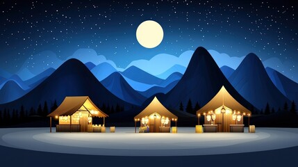 Serene Night Market with Lanterns and Mountains under Starry Sky