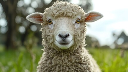 Fototapeta premium Close-up of a fluffy sheep in a field.