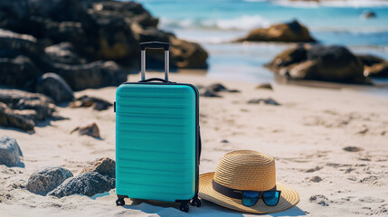 Bright suitcase, straw hat and sunglasses on a sandy beach