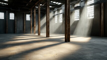 Sunlight Streaming Through Windows in a Spacious Industrial Loft with Wooden Pillars and Concrete Floor