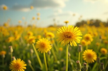 Fototapeta premium Blooming dandelion in a vast sunlit field, surrounded by countless yellow flowers with a blurred landscape and soft clouds in the background