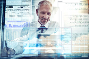 Success, data analyst and laptop with business man in office for economy, growth or investment...