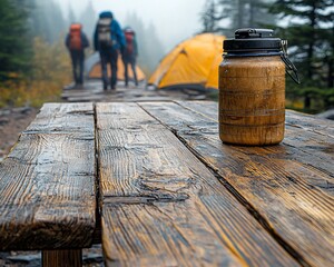 Hikers near campsite, wooden table, coffee thermos