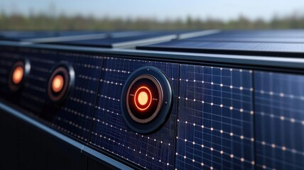 peak energy demand concept. Close-up of solar panels with glowing indicators and textured surface.