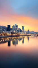 Naklejka premium Cityscape sunrise reflection, calm river, urban skyline, mountains background. Ideal for travel brochures