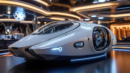 Fototapeta premium Futuristic White Vehicle in Modern Setting