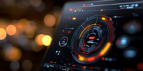 Futuristic Digital Interface with Circular Graphic Elements and Blurred Background Lights