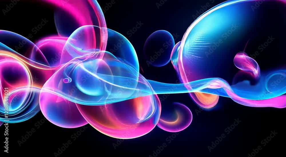 Poster vibrant abstract waves intertwine with luminous spheres, creating a mesmerizing visual effect agains
