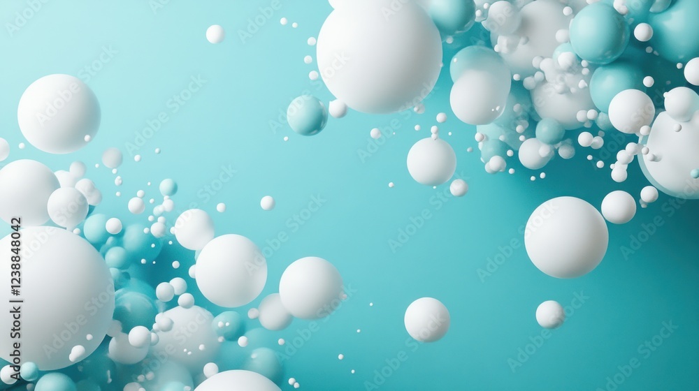 Poster abstract background with floating white and cyan spheres.